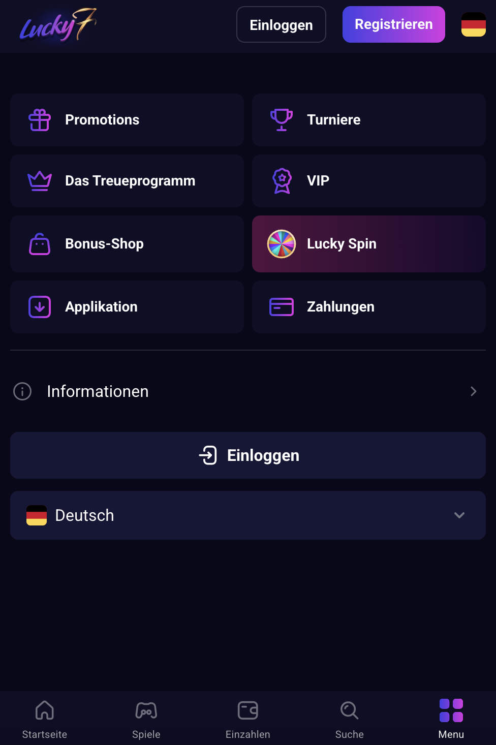 Lucky7even mobiles Menü